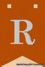 A simulated image of the stitched needlepoint design: Banner 18m Forked R White on Orange. Not A.I. generated.