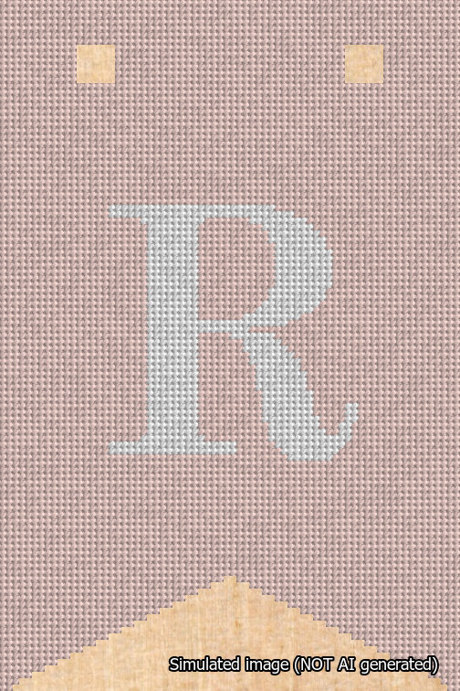A simulated image of the stitched needlepoint design: Banner 18m Forked R White on Pink. Not A.I. generated.