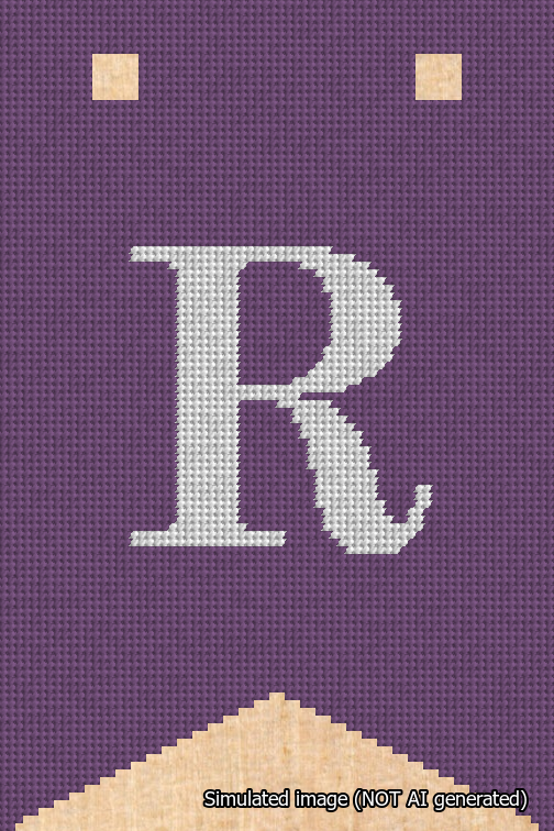 A simulated image of the stitched needlepoint design: Banner 18m Forked R White on Purple. Not A.I. generated.