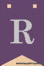 A simulated image of the stitched needlepoint design: Banner 18m Forked R White on Purple. Not A.I. generated.