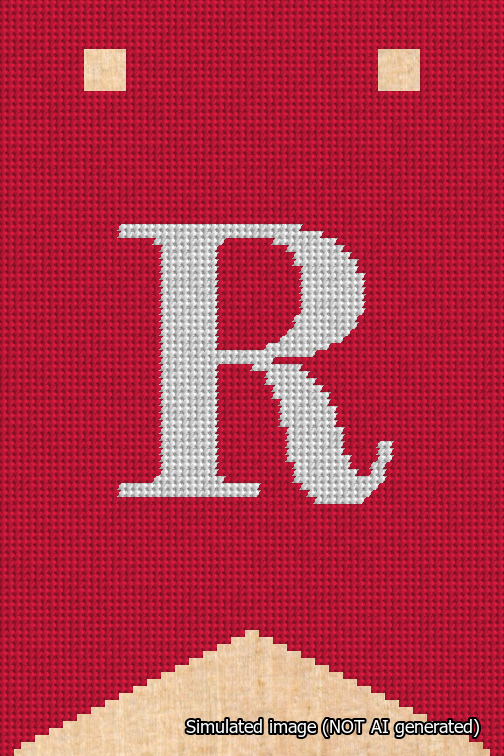 A simulated image of the stitched needlepoint design: Banner 18m Forked R White on Red. Not A.I. generated.