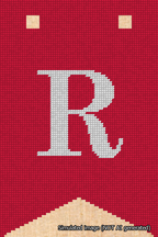 A simulated image of the stitched needlepoint design: Banner 18m Forked R White on Red. Not A.I. generated.