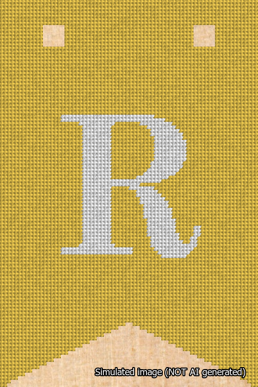 A simulated image of the stitched needlepoint design: Banner 18m Forked R White on Yellow. Not A.I. generated.