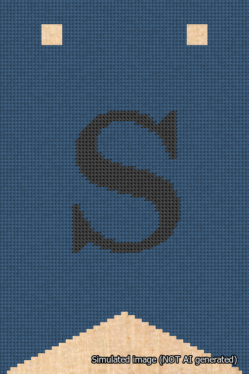 A simulated image of the stitched needlepoint design: Banner 18m Forked S Black on Blue. Not A.I. generated.