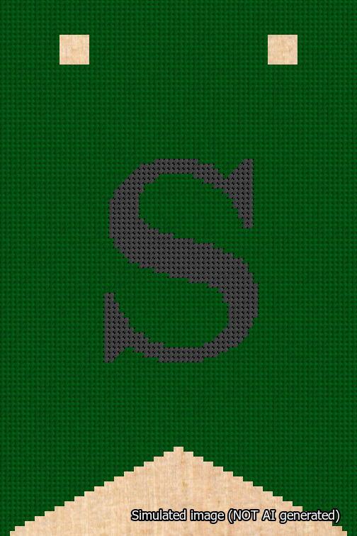 A simulated image of the stitched needlepoint design: Banner 18m Forked S Black on Green. Not A.I. generated.