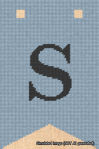 A simulated image of the stitched needlepoint design: Banner 18m Forked S Black on Light Blue. Not A.I. generated.