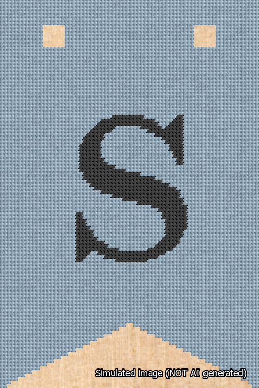 A simulated image of the stitched needlepoint design: Banner 18m Forked S Black on Light Blue. Not A.I. generated.
