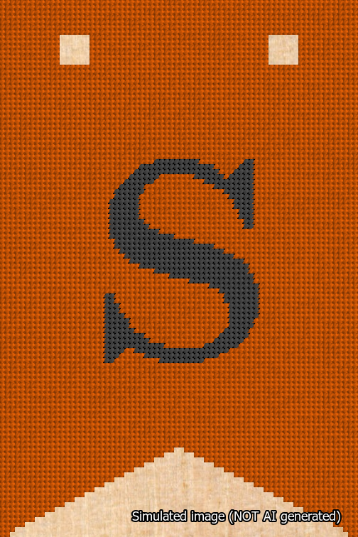A simulated image of the stitched needlepoint design: Banner 18m Forked S Black on Orange. Not A.I. generated.