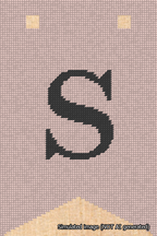A simulated image of the stitched needlepoint design: Banner 18m Forked S Black on Pink. Not A.I. generated.