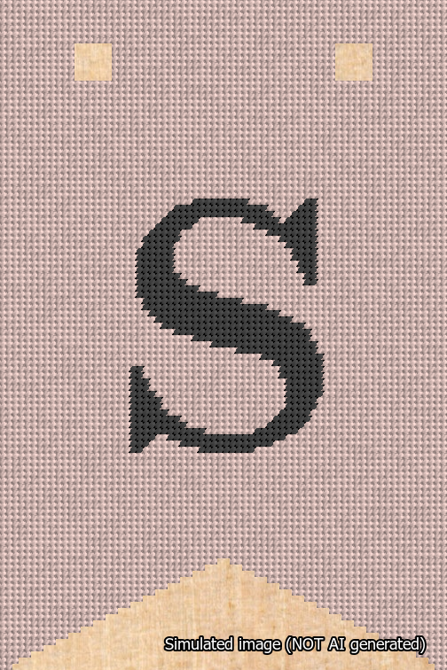 A simulated image of the stitched needlepoint design: Banner 18m Forked S Black on Pink. Not A.I. generated.