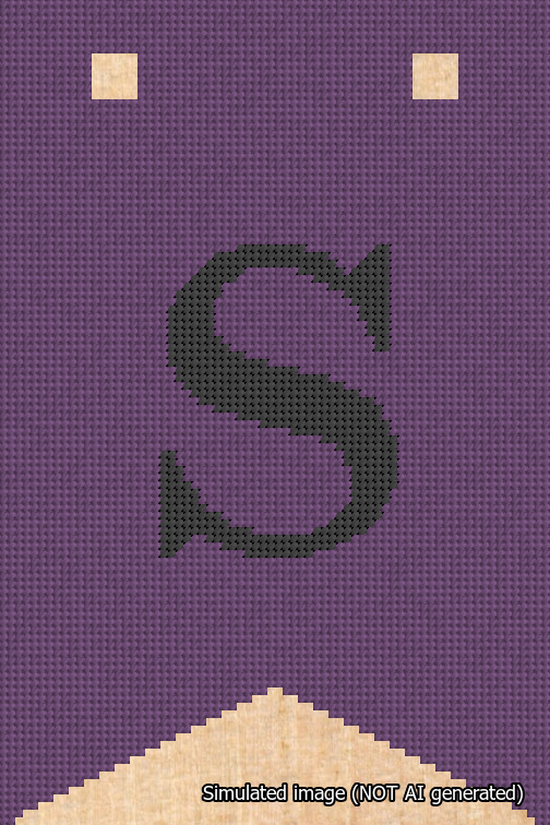 A simulated image of the stitched needlepoint design: Banner 18m Forked S Black on Purple. Not A.I. generated.