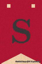 A simulated image of the stitched needlepoint design: Banner 18m Forked S Black on Red. Not A.I. generated.