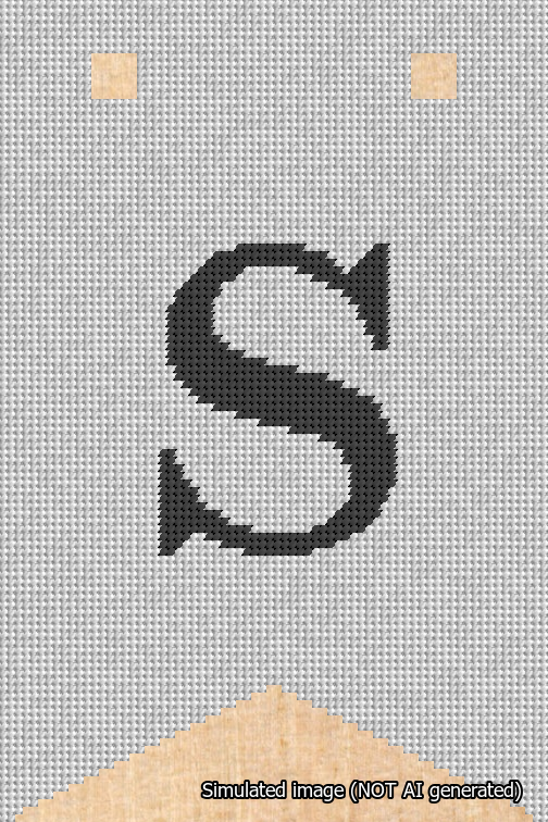 A simulated image of the stitched needlepoint design: Banner 18m Forked S Black on White. Not A.I. generated.