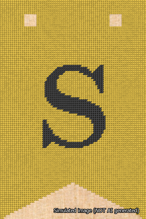 A simulated image of the stitched needlepoint design: Banner 18m Forked S Black on Yellow. Not A.I. generated.