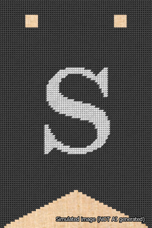 A simulated image of the stitched needlepoint design: Banner 18m Forked S White on Black. Not A.I. generated.