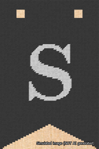 A simulated image of the stitched needlepoint design: Banner 18m Forked S White on Black. Not A.I. generated.