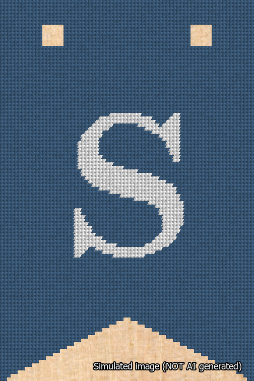 A simulated image of the stitched needlepoint design: Banner 18m Forked S White on Blue. Not A.I. generated.