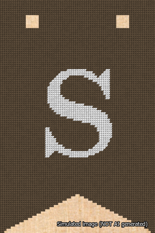 A simulated image of the stitched needlepoint design: Banner 18m Forked S White on Brown. Not A.I. generated.