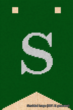 A simulated image of the stitched needlepoint design: Banner 18m Forked S White on Green. Not A.I. generated.