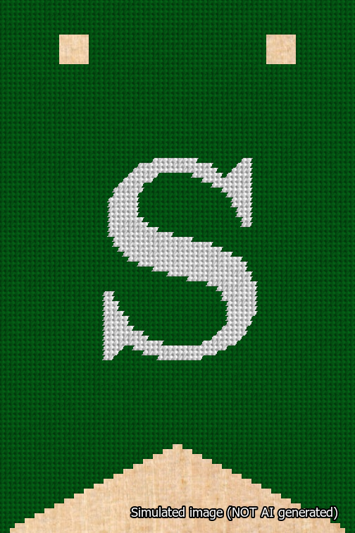 A simulated image of the stitched needlepoint design: Banner 18m Forked S White on Green. Not A.I. generated.