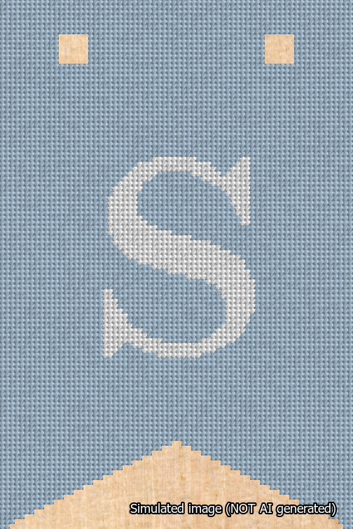 A simulated image of the stitched needlepoint design: Banner 18m Forked S White on Light Blue. Not A.I. generated.