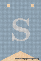 A simulated image of the stitched needlepoint design: Banner 18m Forked S White on Light Blue. Not A.I. generated.