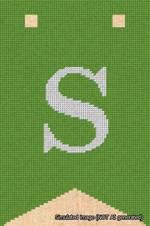 A simulated image of the stitched needlepoint design: Banner 18m Forked S White on Light Green. Not A.I. generated.