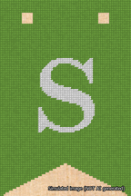 A simulated image of the stitched needlepoint design: Banner 18m Forked S White on Light Green. Not A.I. generated.