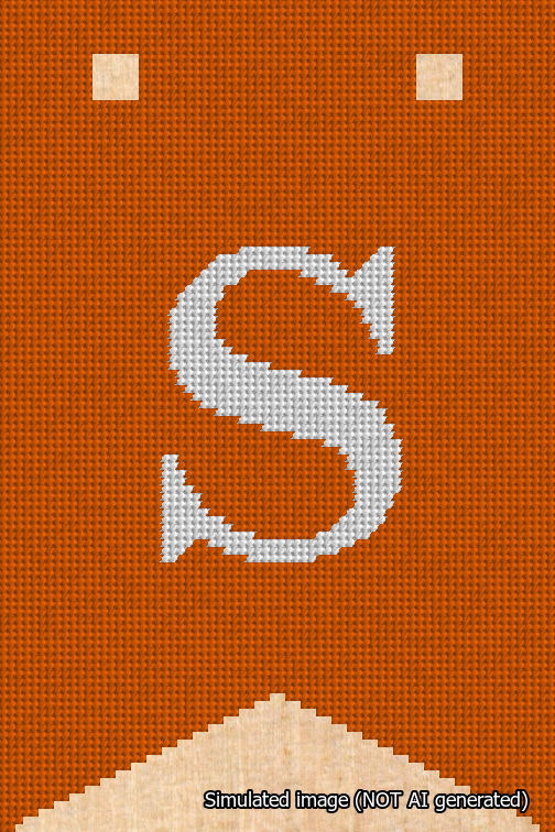 A simulated image of the stitched needlepoint design: Banner 18m Forked S White on Orange. Not A.I. generated.