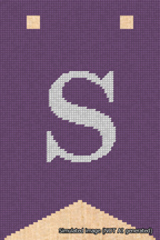A simulated image of the stitched needlepoint design: Banner 18m Forked S White on Purple. Not A.I. generated.