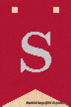 A simulated image of the stitched needlepoint design: Banner 18m Forked S White on Red. Not A.I. generated.