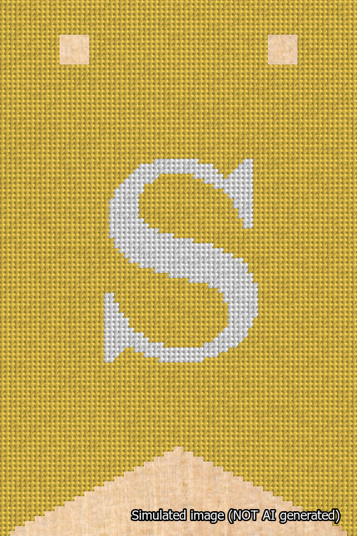 A simulated image of the stitched needlepoint design: Banner 18m Forked S White on Yellow. Not A.I. generated.
