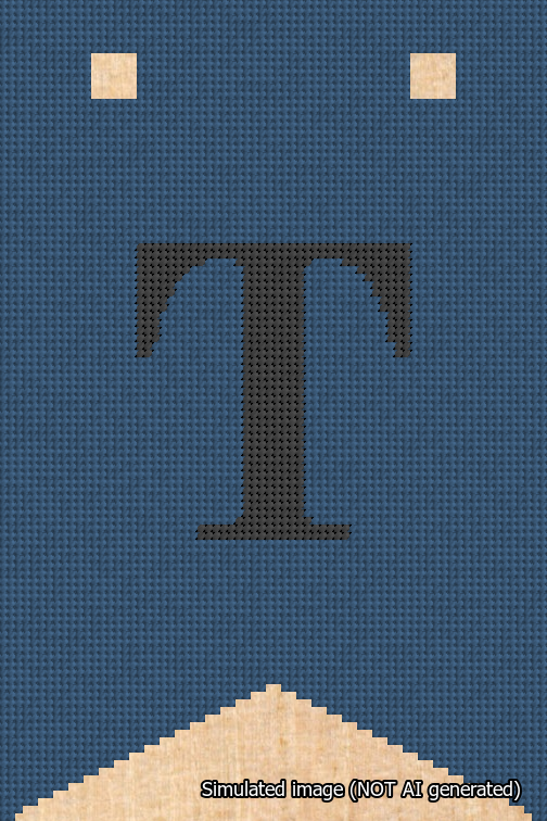 A simulated image of the stitched needlepoint design: Banner 18m Forked T Black on Blue. Not A.I. generated.