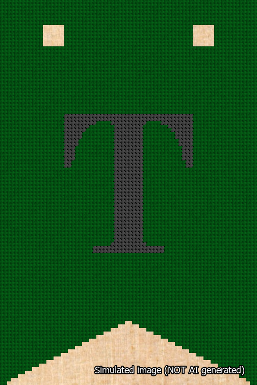 A simulated image of the stitched needlepoint design: Banner 18m Forked T Black on Green. Not A.I. generated.