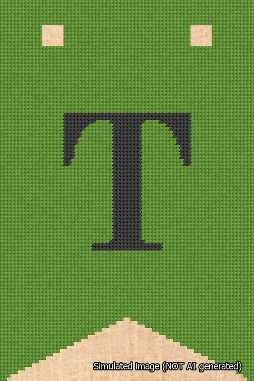 A simulated image of the stitched needlepoint design: Banner 18m Forked T Black on Light Green. Not A.I. generated.