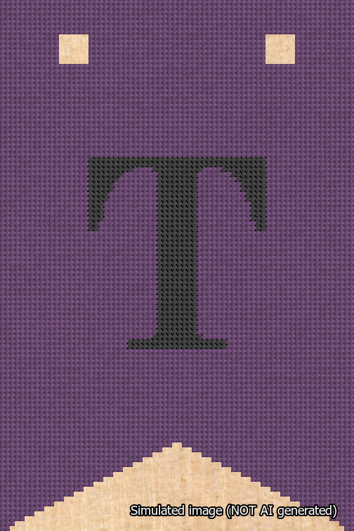 A simulated image of the stitched needlepoint design: Banner 18m Forked T Black on Purple. Not A.I. generated.