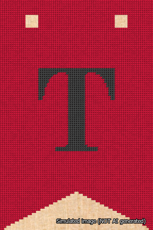 A simulated image of the stitched needlepoint design: Banner 18m Forked T Black on Red. Not A.I. generated.