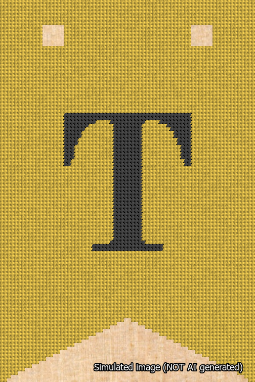 A simulated image of the stitched needlepoint design: Banner 18m Forked T Black on Yellow. Not A.I. generated.
