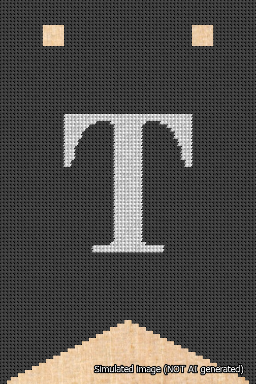 A simulated image of the stitched needlepoint design: Banner 18m Forked T White on Black. Not A.I. generated.