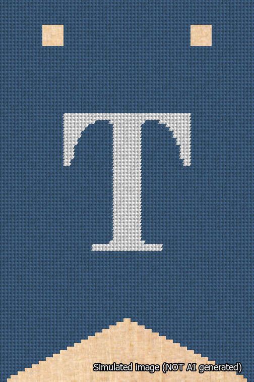 A simulated image of the stitched needlepoint design: Banner 18m Forked T White on Blue. Not A.I. generated.