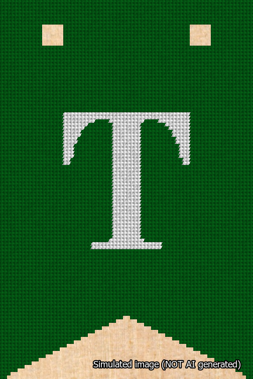 A simulated image of the stitched needlepoint design: Banner 18m Forked T White on Green. Not A.I. generated.