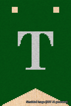 A simulated image of the stitched needlepoint design: Banner 18m Forked T White on Green. Not A.I. generated.