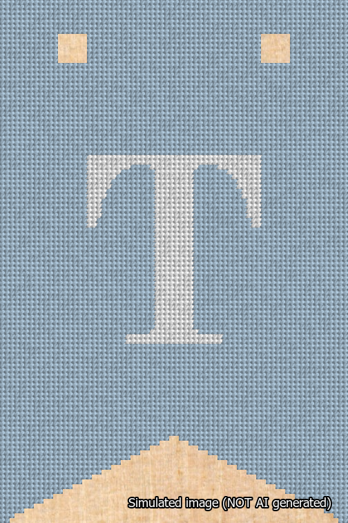 A simulated image of the stitched needlepoint design: Banner 18m Forked T White on Light Blue. Not A.I. generated.