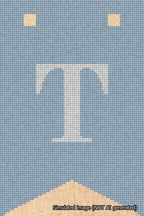 A simulated image of the stitched needlepoint design: Banner 18m Forked T White on Light Blue. Not A.I. generated.