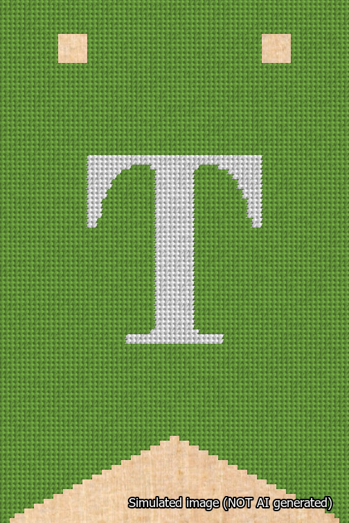 A simulated image of the stitched needlepoint design: Banner 18m Forked T White on Light Green. Not A.I. generated.