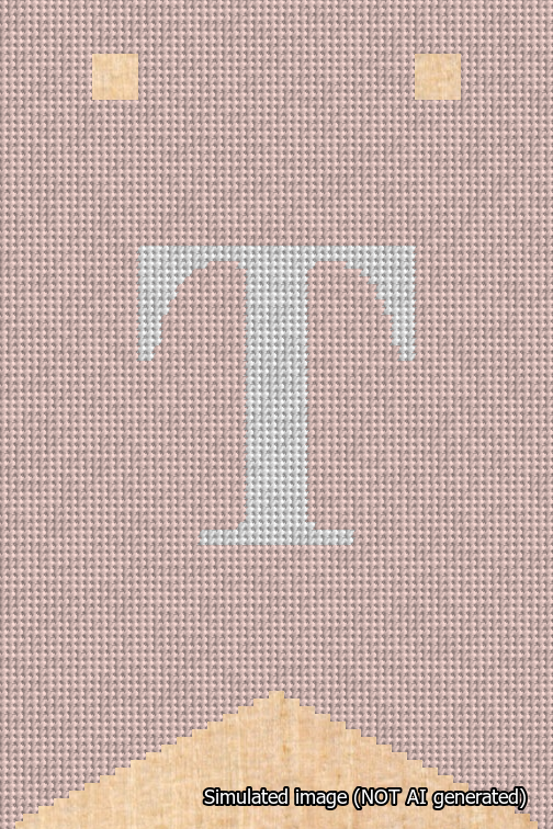 A simulated image of the stitched needlepoint design: Banner 18m Forked T White on Pink. Not A.I. generated.