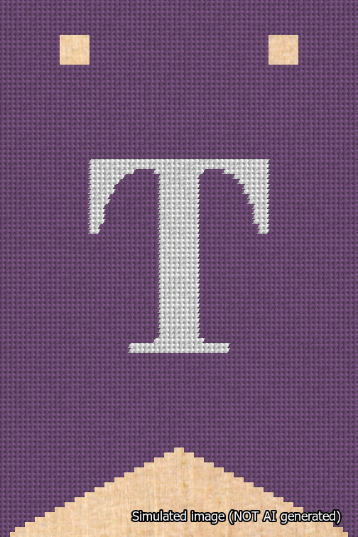 A simulated image of the stitched needlepoint design: Banner 18m Forked T White on Purple. Not A.I. generated.