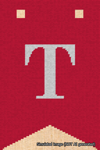 A simulated image of the stitched needlepoint design: Banner 18m Forked T White on Red. Not A.I. generated.