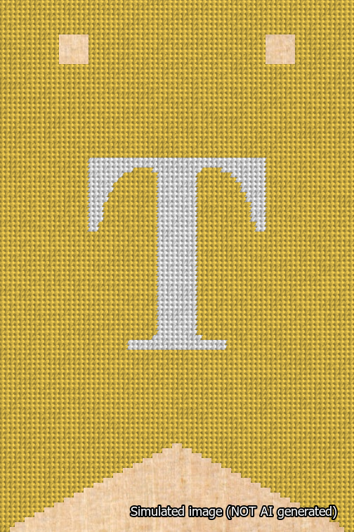 A simulated image of the stitched needlepoint design: Banner 18m Forked T White on Yellow. Not A.I. generated.