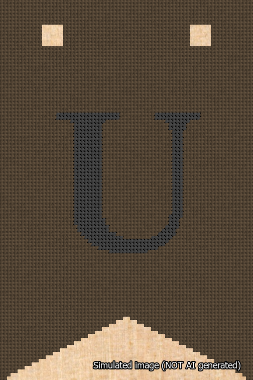 A simulated image of the stitched needlepoint design: Banner 18m Forked U Black on Brown. Not A.I. generated.